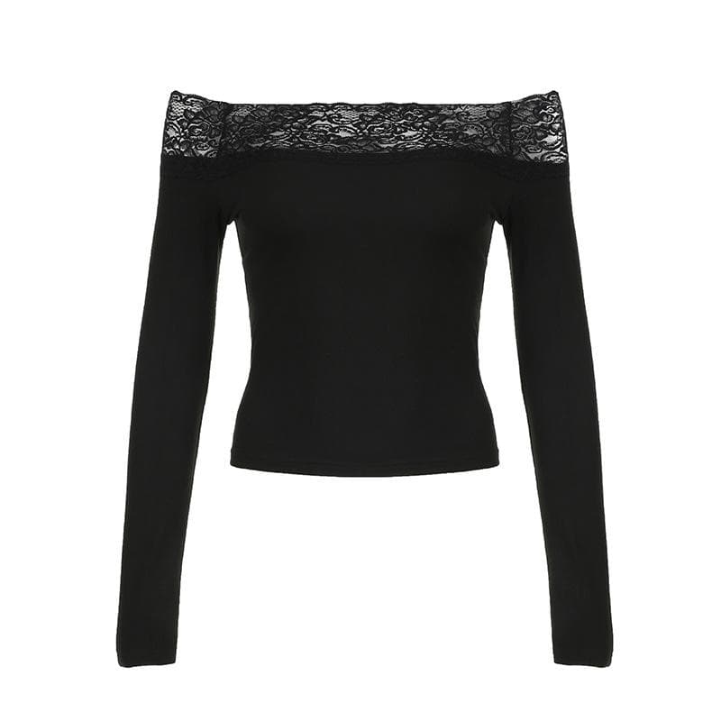 Fall & Beyond: Chic Black Lace Off-Shoulder Long Sleeve Top | American Women's Style Essential