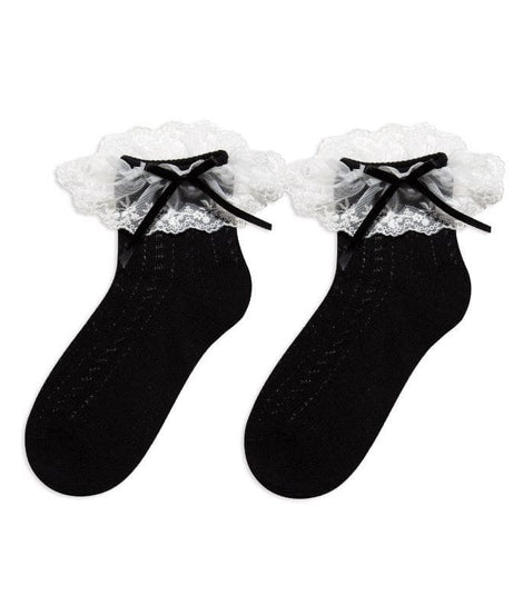 Enchanting Black Lace Ruffle Ankle Socks with Satin Bows - Vintage Charm for Fall & Halloween