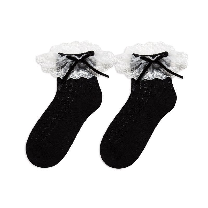 Enchanting Black Lace Ruffle Ankle Socks with Satin Bows - Vintage Charm for Fall & Halloween