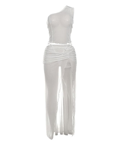 Sultry Siren Black Sheer Mesh One-Shoulder Top & High-Slit Maxi Skirt Set - Your Fall Escape & Party Essential