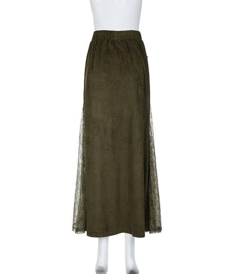 Effortless Fall Boho Chic: Olive Green Drawstring Maxi Skirt with Lace Slit & Pockets
