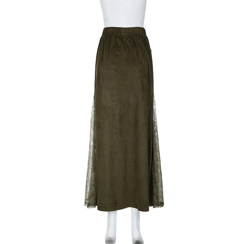 Effortless Fall Boho Chic: Olive Green Drawstring Maxi Skirt with Lace Slit & Pockets