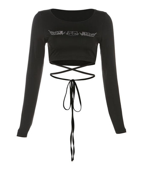 Sparkle & Slay: Rhinestone Long Sleeve Tie-Front Crop Top - Fall Party & Date Night Ready