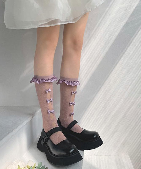 Coquette Charm: Blue Ruffled Bow Sheer Knee-High Socks - Perfect for Fall & Halloween!