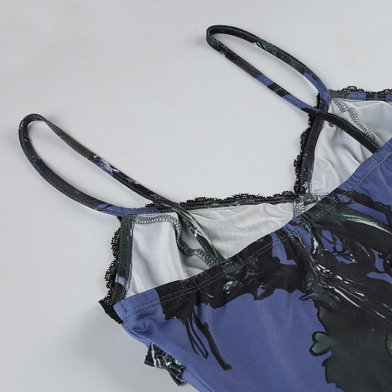 Mystic Bloom Dark Fantasy Slip Dress - Lace Trim Cami Mini for Edgy Fall Nights & Halloween