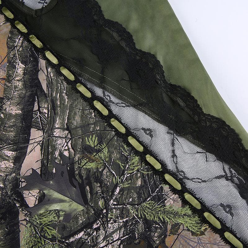 Y2K Woodland Camo & Lace Slip Dress - Olive Green Mini for Fall Nights Out