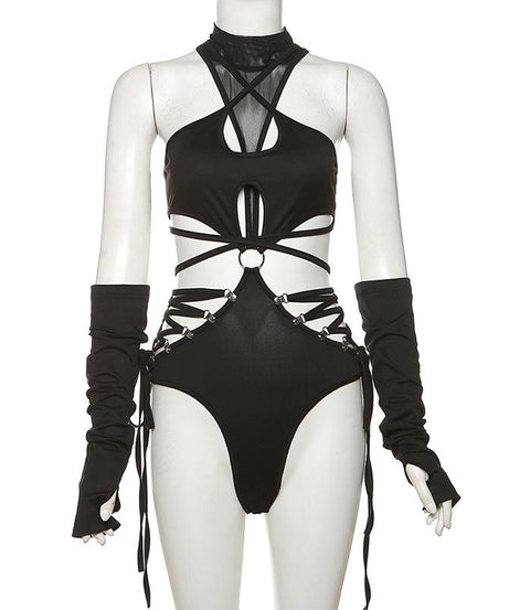 Dare to Thrill: Edgy Black O-Ring Cutout Bodysuit with Fingerless Gloves - Halloween & Club Ready