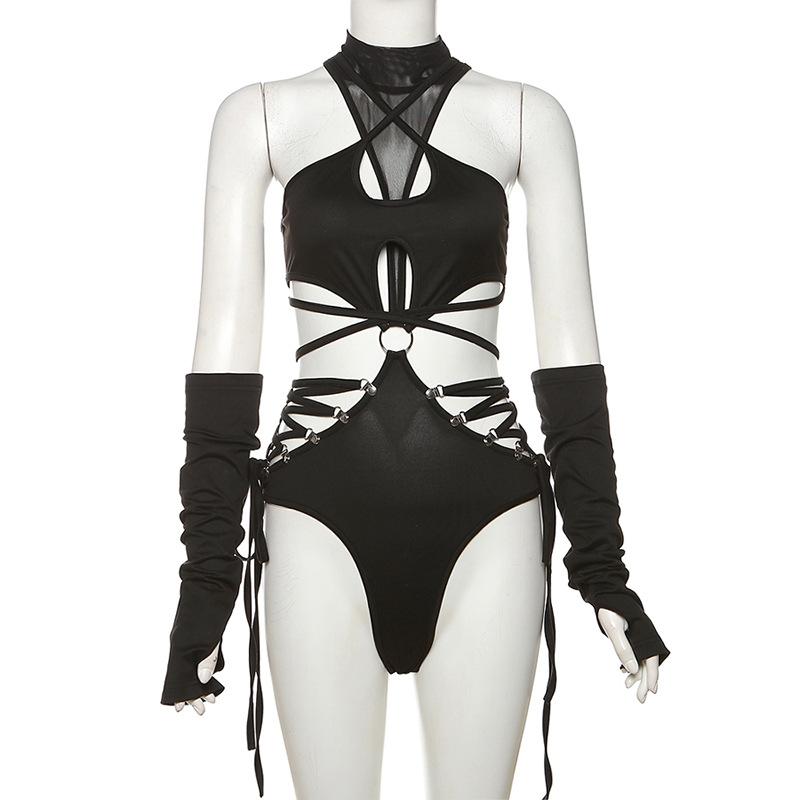 Dare to Thrill: Edgy Black O-Ring Cutout Bodysuit with Fingerless Gloves - Halloween & Club Ready