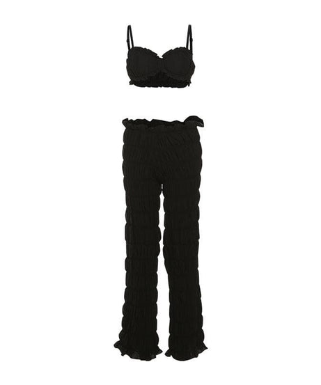 Effortless Fall Chic: Textured Smocked Crop Top & Low-Rise Pant Set for Women