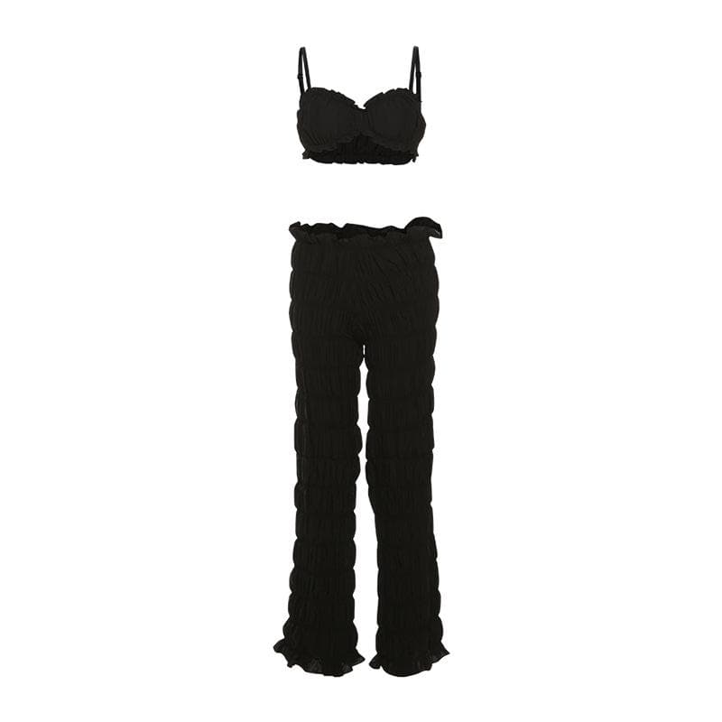 Effortless Fall Chic: Textured Smocked Crop Top & Low-Rise Pant Set for Women