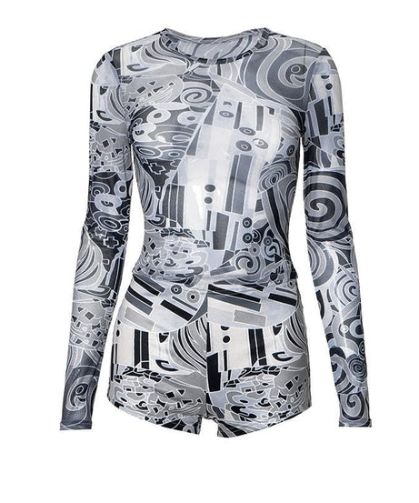 Edgy Abstract Mesh Long Sleeve Top & Shorts Set - Fall's Must-Have Party & Layering Style
