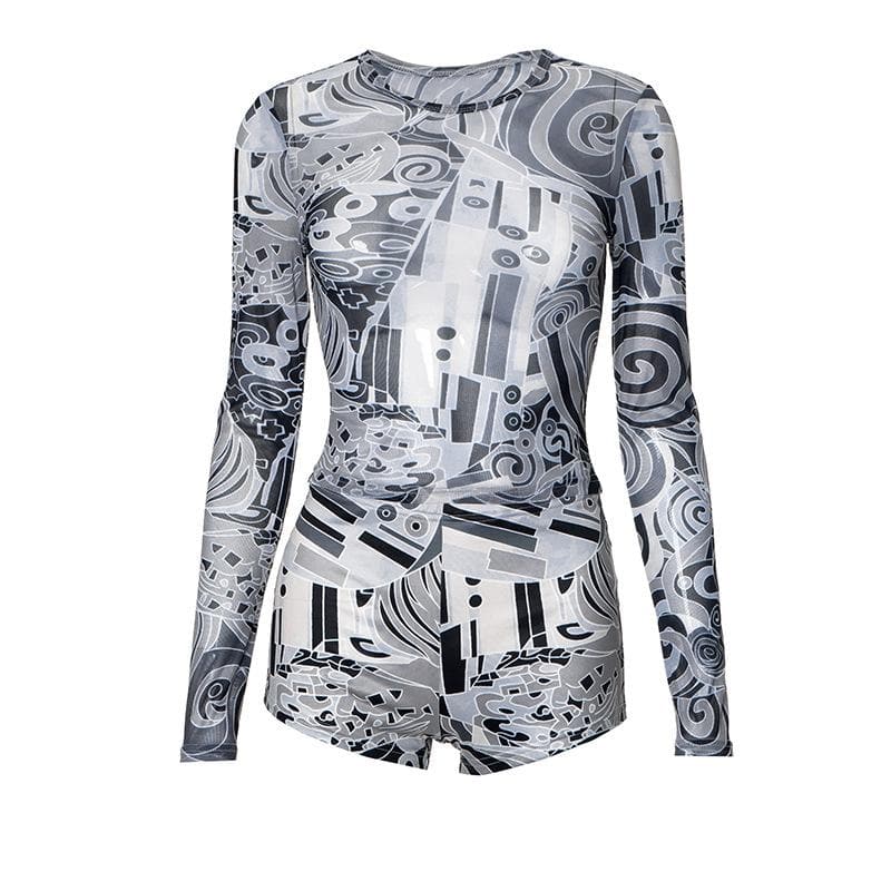 Edgy Abstract Mesh Long Sleeve Top & Shorts Set - Fall's Must-Have Party & Layering Style