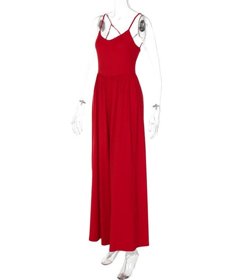 Chic Red Ruched Cross-Back Cami Jumpsuit - Effortless Wide Leg Style for Fall & Holiday