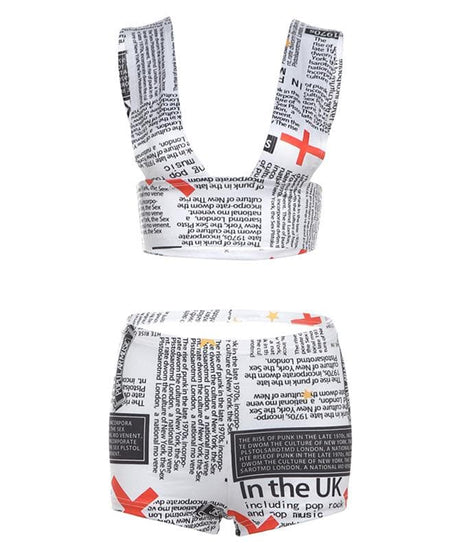 Fall Fashion Statement: Newsprint Graphic Deep V Crop Top & Bodycon Shorts Set for Women