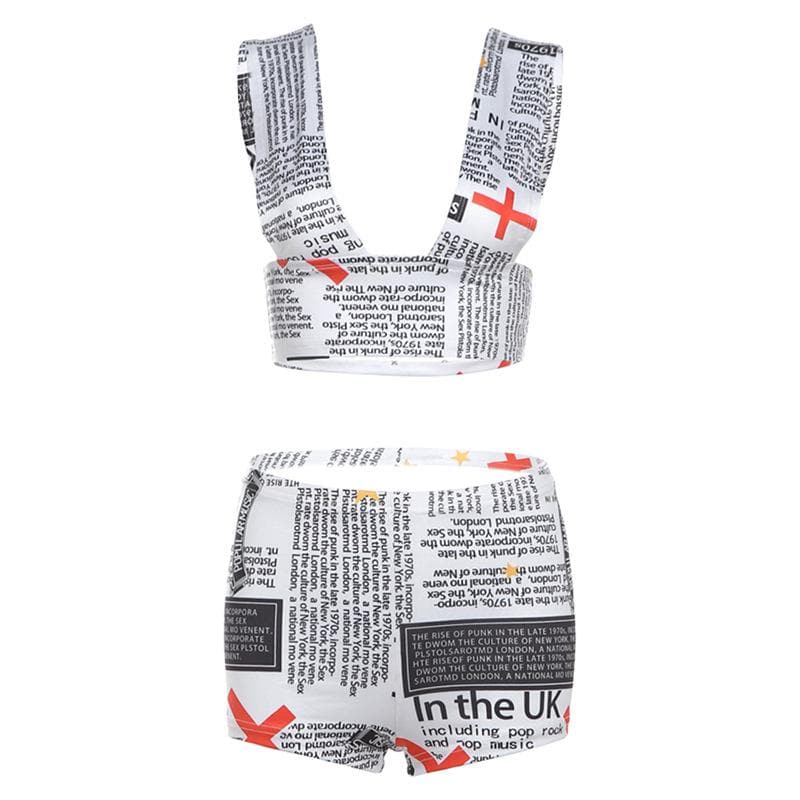 Fall Fashion Statement: Newsprint Graphic Deep V Crop Top & Bodycon Shorts Set for Women