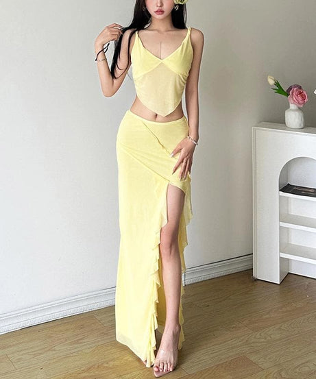 Golden Hour Glow: Breezy Yellow Mesh Cami & Ruffle Slit Maxi Skirt Set - Vacation & Resort Ready