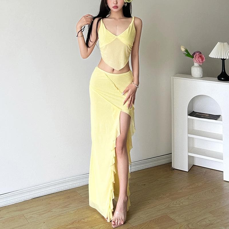Golden Hour Glow: Breezy Yellow Mesh Cami & Ruffle Slit Maxi Skirt Set - Vacation & Resort Ready