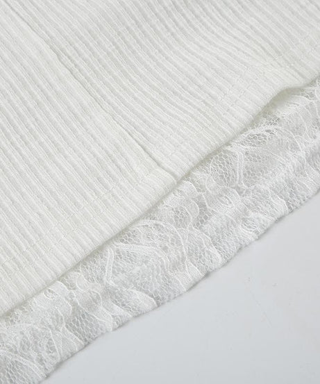 Effortless Fall Chic: Layered Off-Shoulder Ruched Top with Delicate Lace Trim