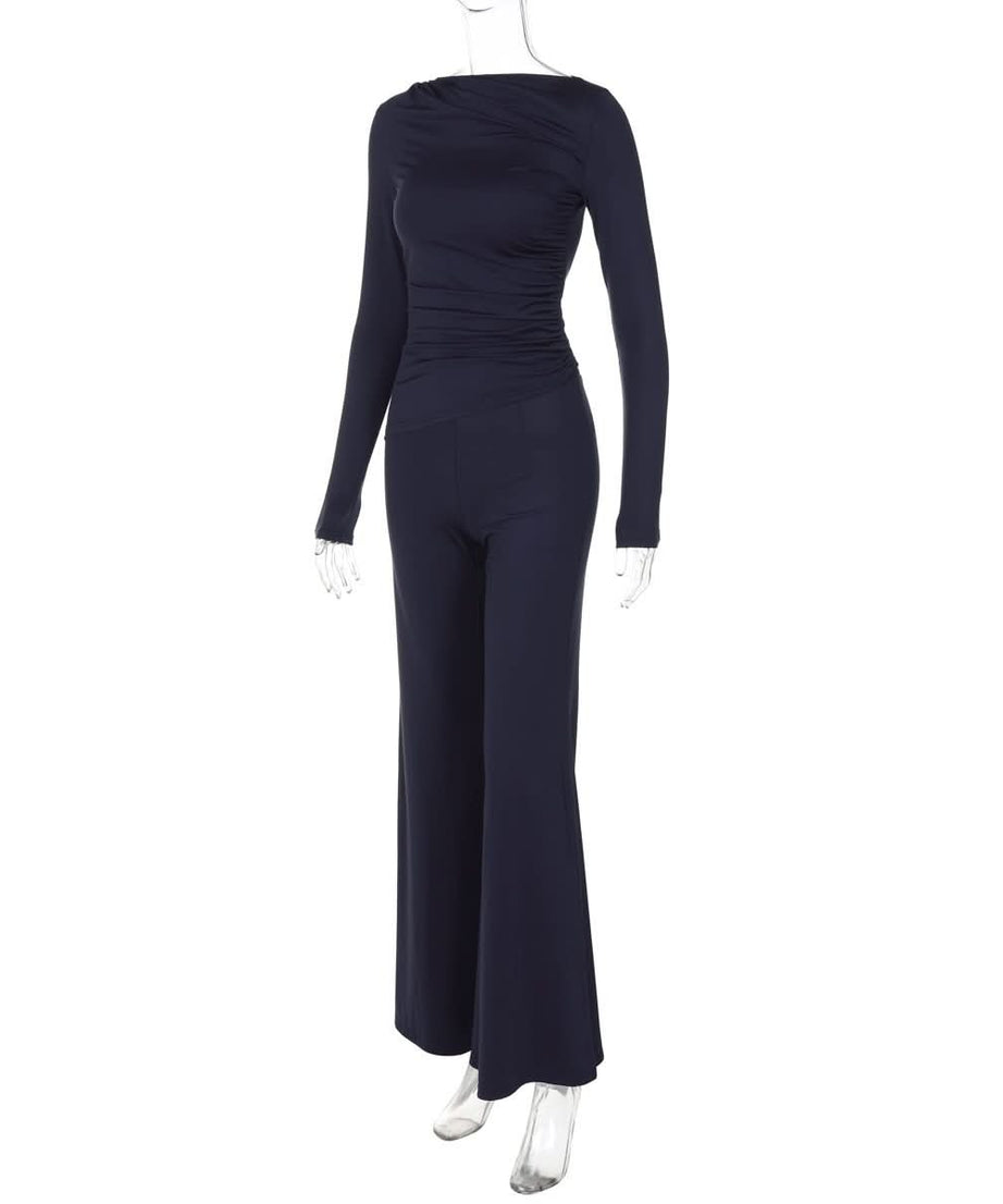 Effortless Fall Chic: Ruched Long Sleeve Top & Wide-Leg Pant Set | Cozy Elevated Loungewear