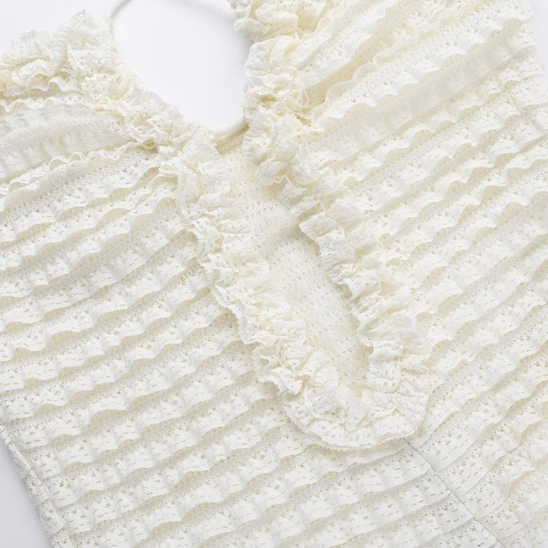 Chic White Ruffle Halter Mini Dress – Textured Bodycon for Fall Getaways & Parties