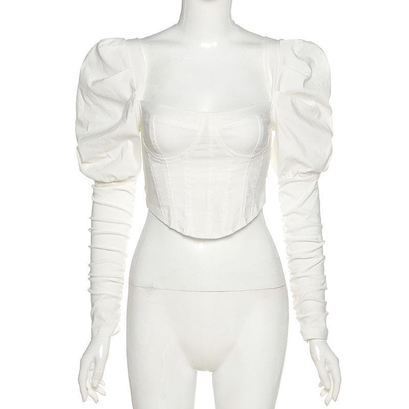 Autumn Elegance: White Sweetheart Corset Top | Statement Puff & Ruched Sleeves