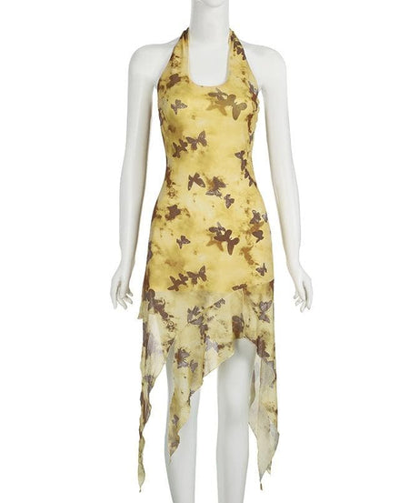 Whimsical Butterfly Halter Midi Dress | Boho Fairycore Asymmetrical Ruffle for Fall Getaways