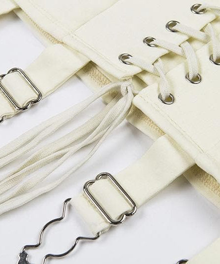 Fall's Edge: Cream Lace-Up Corset Mini Skirt with Garter Straps | High Waist Edgy Chic