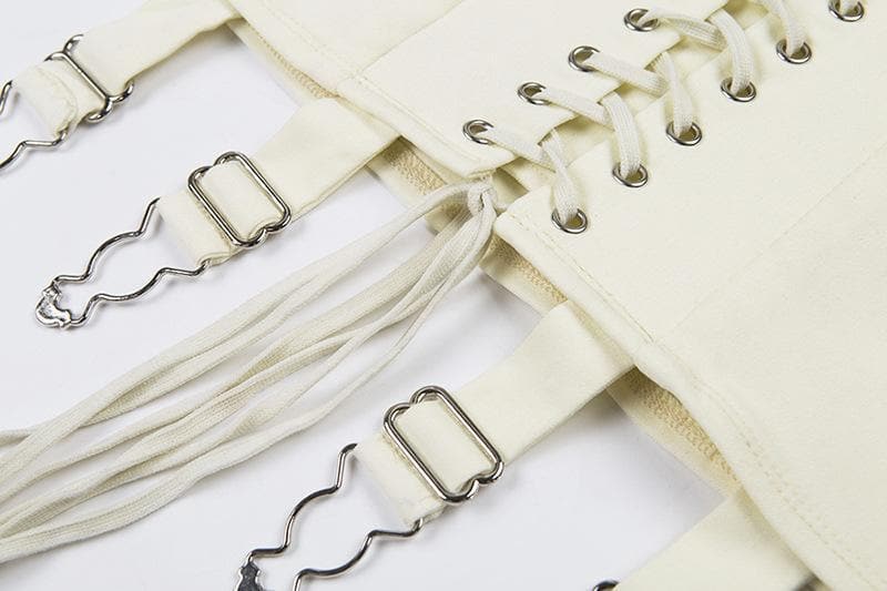 Fall's Edge: Cream Lace-Up Corset Mini Skirt with Garter Straps | High Waist Edgy Chic