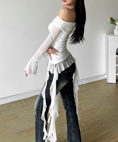 Dreamy Angelic Off-Shoulder Ruffle Tunic Top - Sheer Mesh Long Sleeves for Enchanting Fall Style