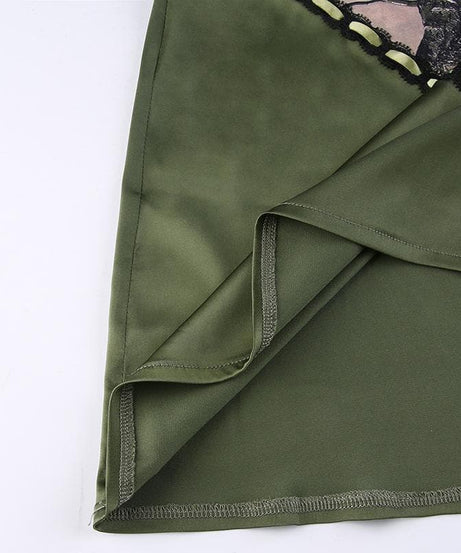 Y2K Woodland Camo & Lace Slip Dress - Olive Green Mini for Fall Nights Out