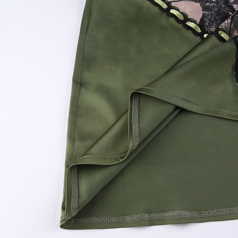 Y2K Woodland Camo & Lace Slip Dress - Olive Green Mini for Fall Nights Out