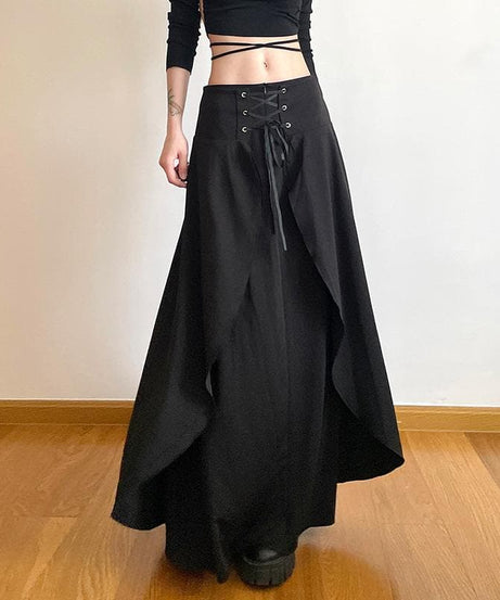 American Fall Fashion: Edgy Lace-Up Corset Maxi Skirt – Perfect for Halloween & Autumn Style