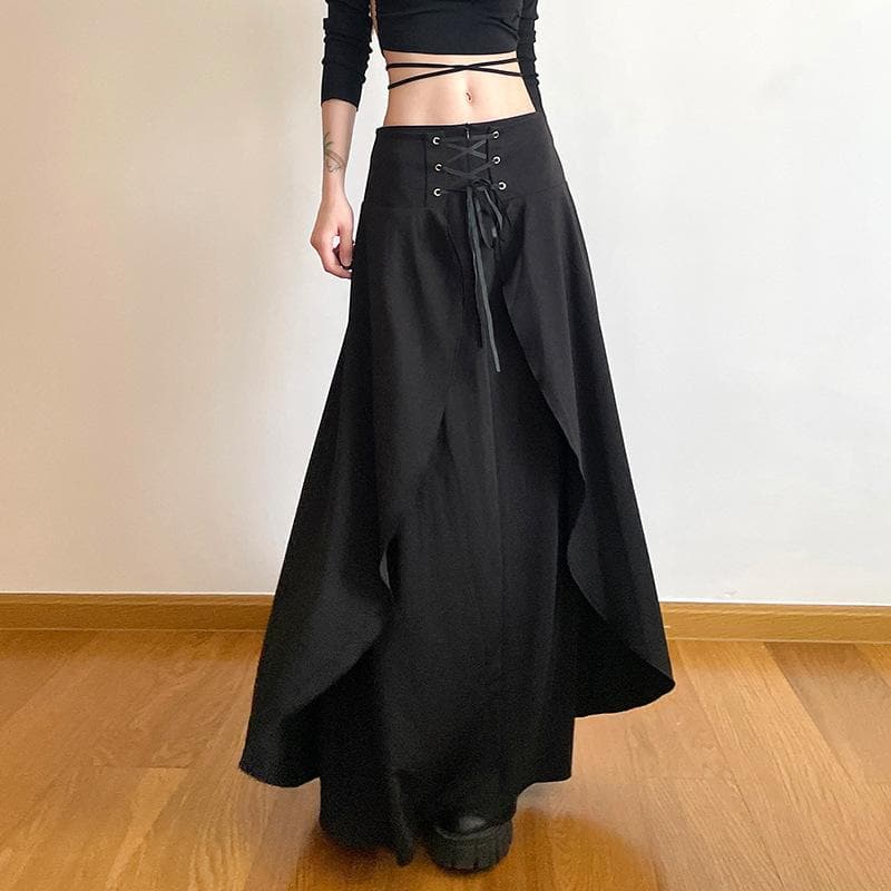 American Fall Fashion: Edgy Lace-Up Corset Maxi Skirt – Perfect for Halloween & Autumn Style