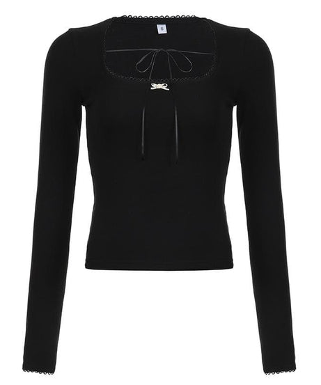 Cozy Chic Black Square Neck Long Sleeve Top | Ribbon Tie Front & Delicate Lace Trim