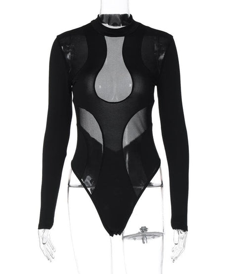 Sleek Black Mesh Panel Mock Neck Bodysuit - Edgy Long Sleeve Top for Fall & Halloween