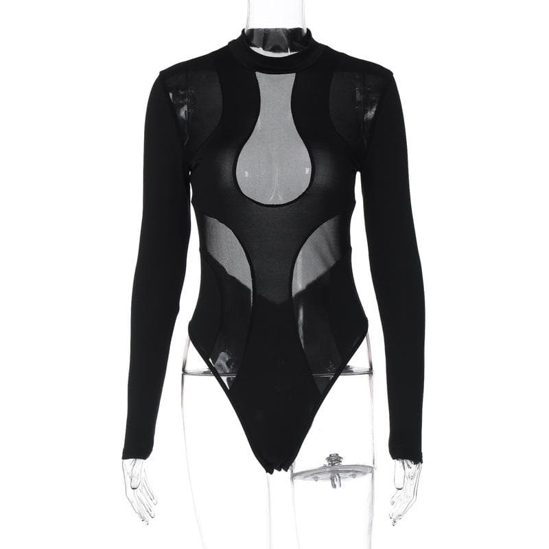 Sleek Black Mesh Panel Mock Neck Bodysuit - Edgy Long Sleeve Top for Fall & Halloween