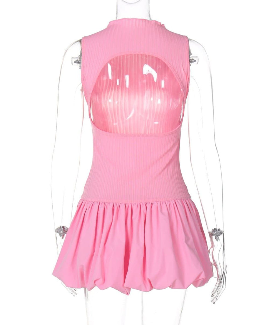 Bubblegum Dream: Pink Ribbed Mock Neck Mini Dress with Chic Bubble Hem – Your Essential Fall Statement