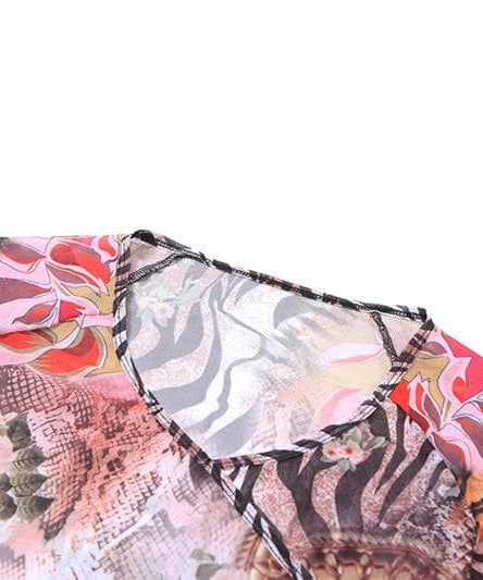 Chic Fall Mesh Wrap Top: V-Neck Long Sleeve Floral & Snake Print Statement