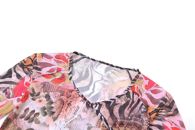 Chic Fall Mesh Wrap Top: V-Neck Long Sleeve Floral & Snake Print Statement