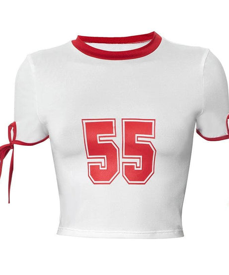 Game Day Ready '55' Crop Top | Women's Retro Ringer Tee with Chic Tie Sleeves