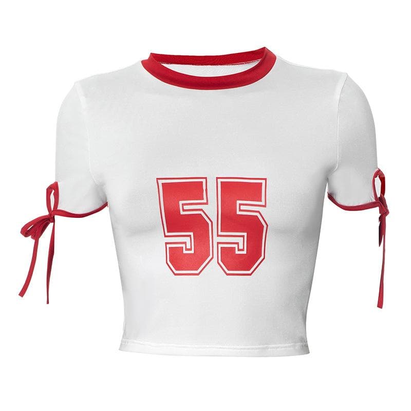 Game Day Ready '55' Crop Top | Women's Retro Ringer Tee with Chic Tie Sleeves