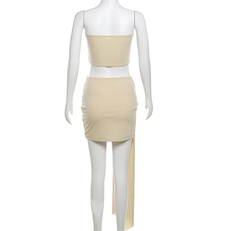 Chic Fall Nights: One-Shoulder Floral Bandeau & Draped Knot Mini Skirt Set