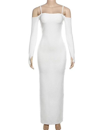 Chic White Ribbed Off-Shoulder Maxi Dress | Fall & Holiday Season Staple