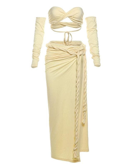 Effortless Glam 3-Piece Set: Strapless Bandeau Top, High-Slit Maxi Skirt & Statement Sleeves – Perfect for Fall Getaways & Events