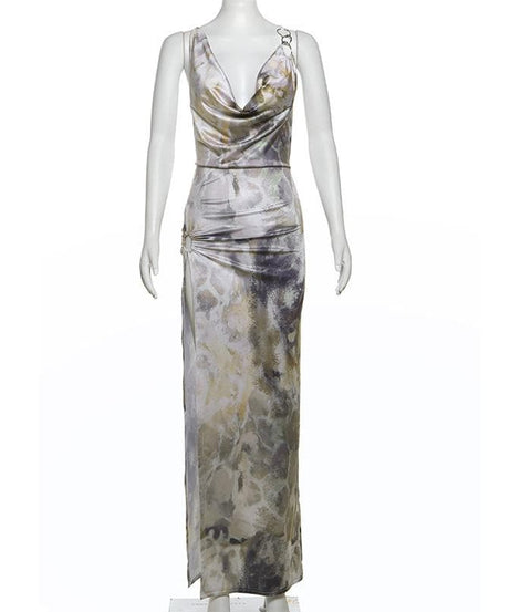 Chic Abstract Satin Cowl Neck Maxi Dress with O-Ring Back & High Slit - Fall & Holiday Party Ready