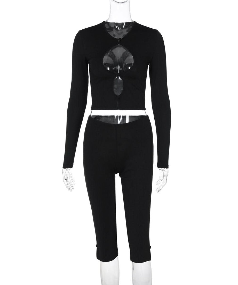 Effortless Fall Style: Black Ribbed Cutout Long Sleeve Crop Top & Capri Set