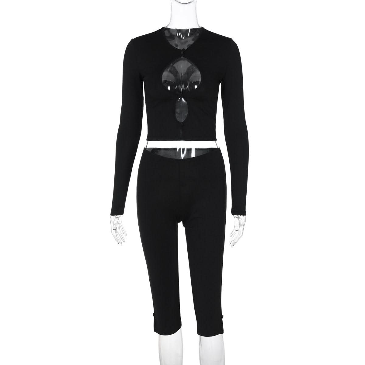 Effortless Fall Style: Black Ribbed Cutout Long Sleeve Crop Top & Capri Set