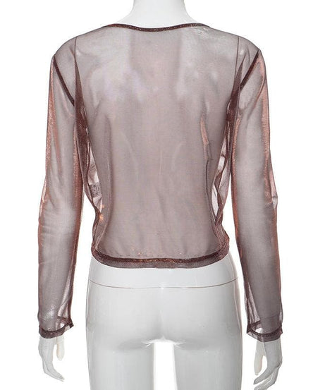 Fall Glam: Shimmer Mesh Ruched V-Neck Top - Long Sleeve Drawstring Party Ready