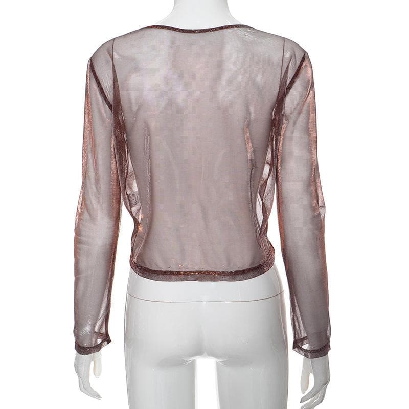 Fall Glam: Shimmer Mesh Ruched V-Neck Top - Long Sleeve Drawstring Party Ready