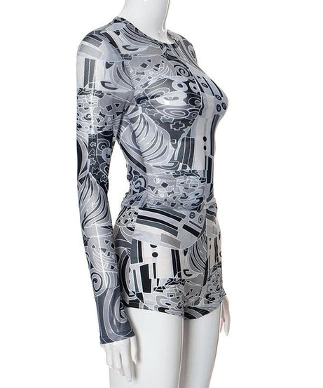 Edgy Abstract Mesh Long Sleeve Top & Shorts Set - Fall's Must-Have Party & Layering Style